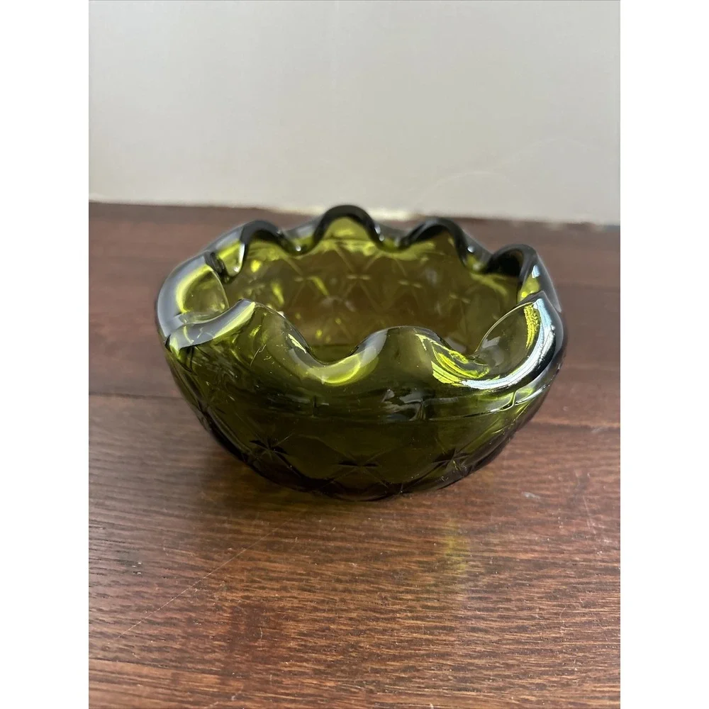 VTG‎ Green Indiana Glass Bowl /Dish Duette Diamond Quilted